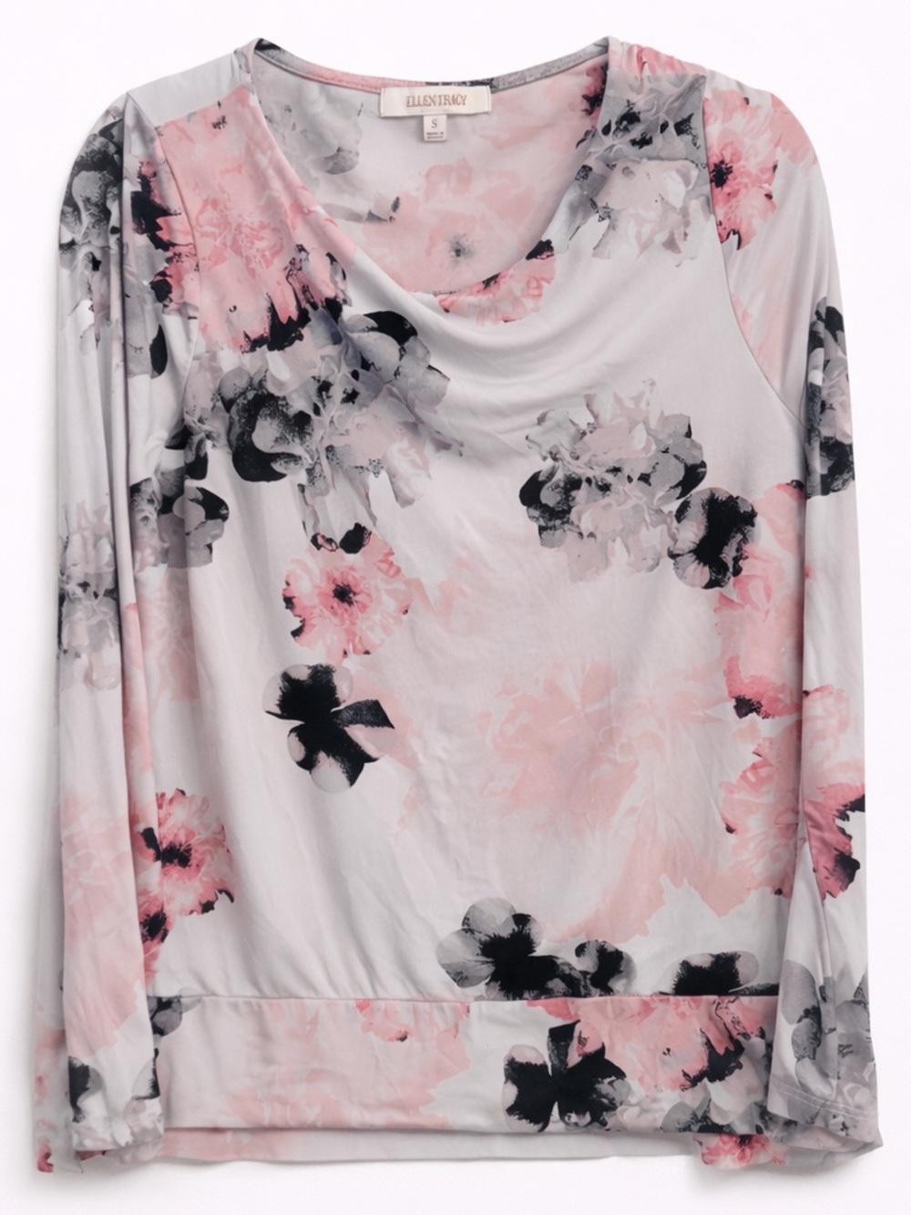 Ellen Tracy Floral Blouse Small Pink Black Long Sleeve Draped Neck Lightweight